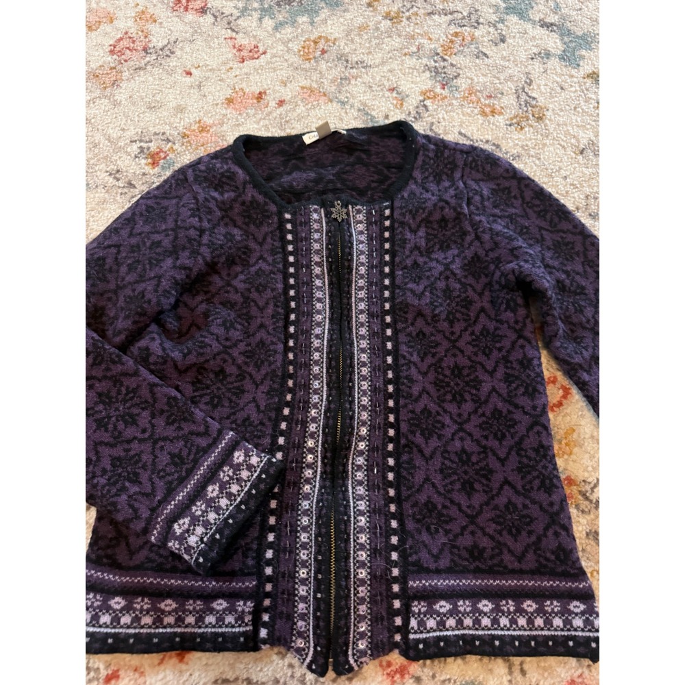 Coldwater Creek Vintage Purple Wool Fair Isle Sequin Zip Cardigan Sweater S